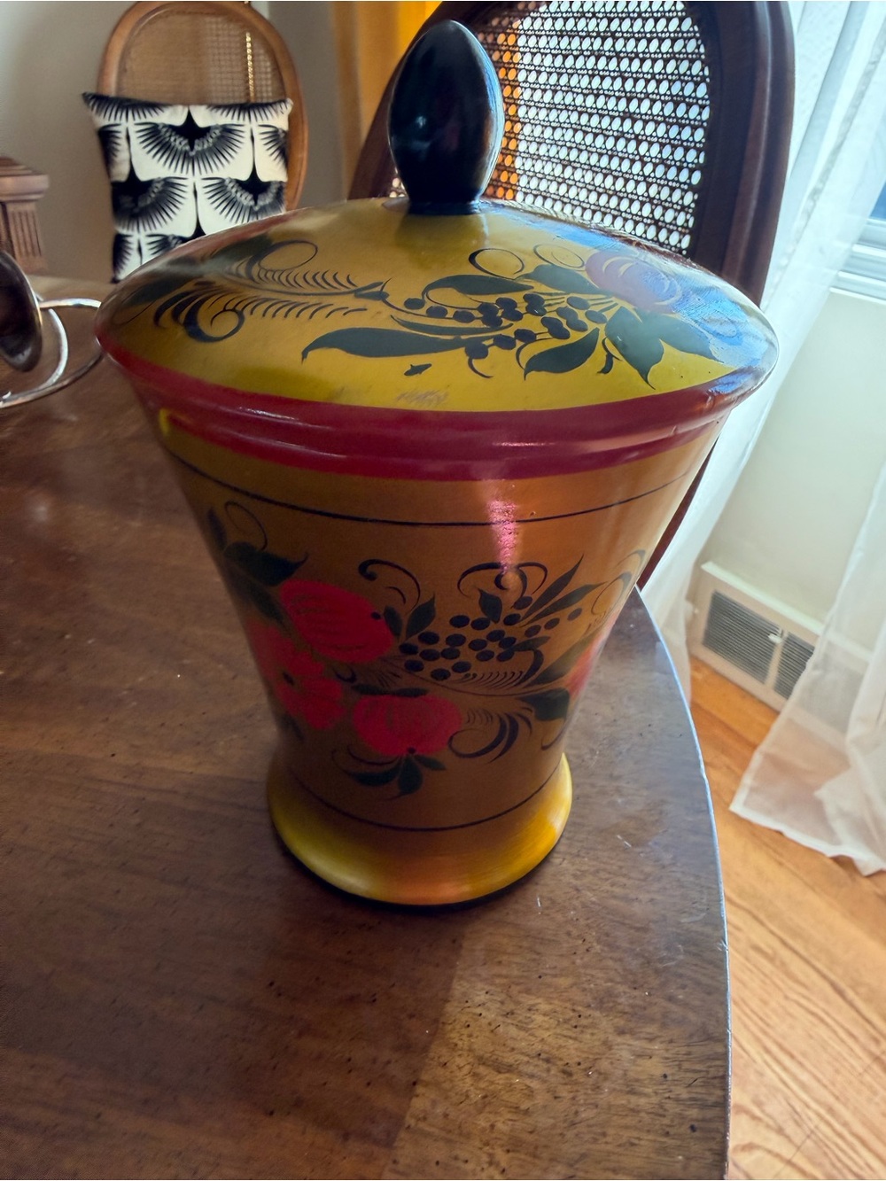 Vintage Russian hand painted lidded wooden canister
